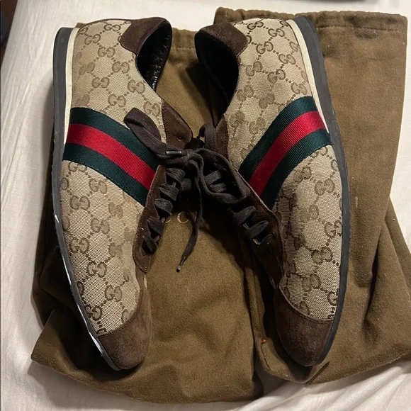Vintage Gucci brown suede canvas GG Guccissima Optic men’s sneakers (12.5)